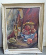 E Eardley - a still life study, mixed items on a table  oil on board  bears a signature  19" x