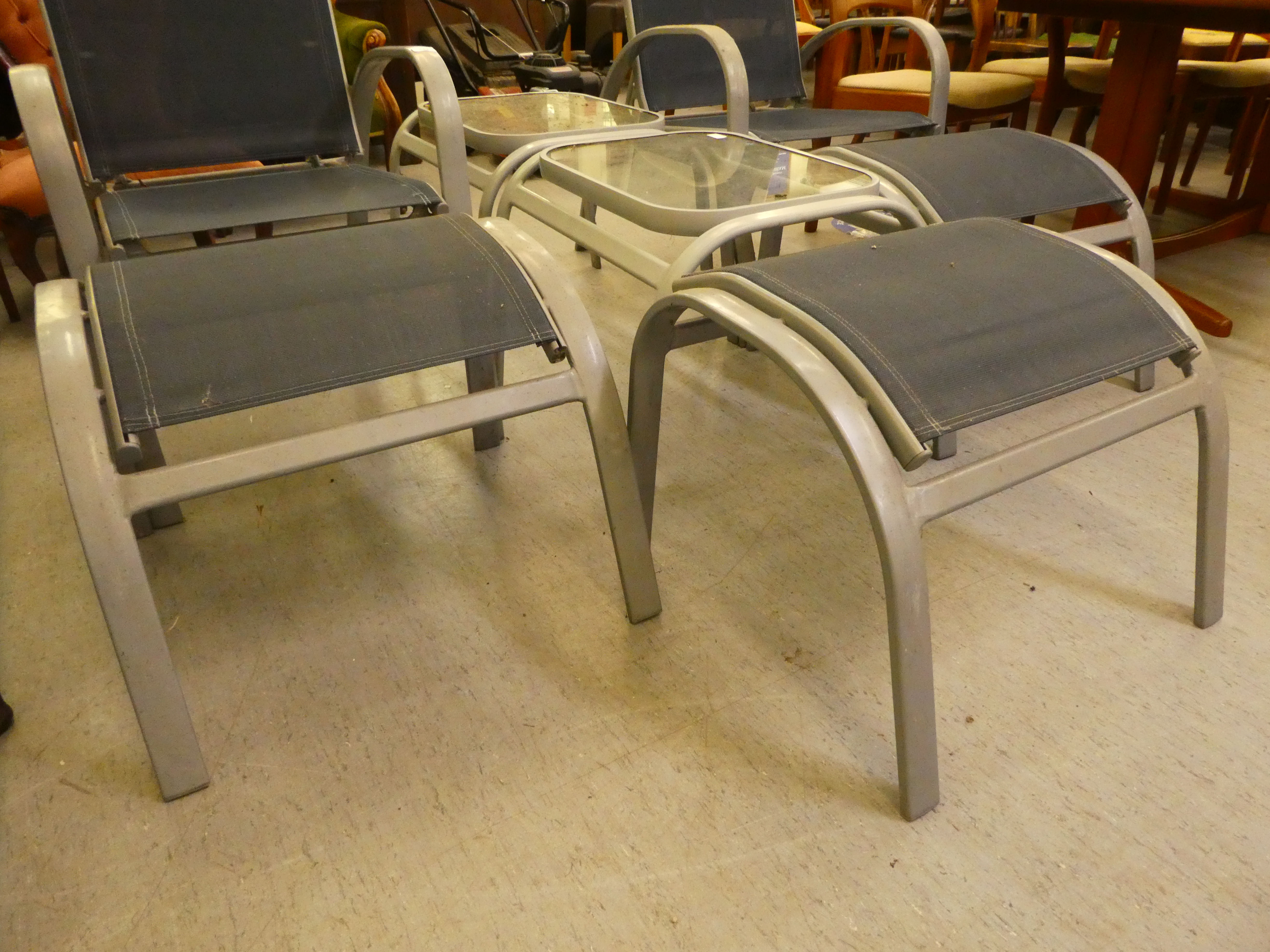 A pair of modern grey enamelled, alloy framed garden reclining, open arm chairs with fabric backs - Image 3 of 4