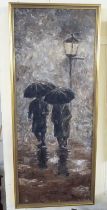 Modern British School - two figures walking under street lights, holding umbrellas  oil on canvas