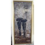 Modern British School - two figures walking under street lights, holding umbrellas  oil on canvas