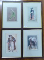 Four similar theatrical costume figure studies  watercolours  some signed or bearing initials  5"