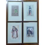 Four similar theatrical costume figure studies  watercolours  some signed or bearing initials  5"