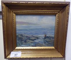 Pauline Brown - a shoreline scene  oil on board  bears a signature  6" x 5"  framed