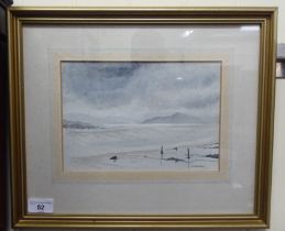 Catherine Waterman - a shoreline scene on an overcast day  watercolour  bears a signature  6" x