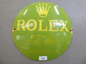 A yellow and green enamelled steel, convex, advertising sign for 'Rolex Submariner'  12"dia