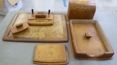 Italian five piece mid tan hide covered desk set and accessories: to include a blotter, file tray,