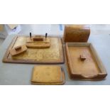 Italian five piece mid tan hide covered desk set and accessories: to include a blotter, file tray,