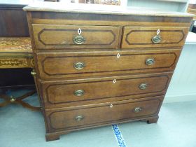 A George III oak five drawer dressing chest, raised on bracket feet  44"h  45"w