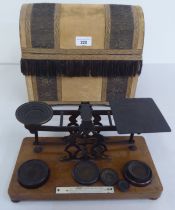 Late Victorian mahogany and brass postal scales, in a fabric covered domed box  12"w