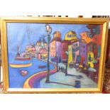 Jean Harvey - a shoreline street scene  oil on board  bears a signature  19" x 27"  framed