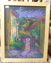 Jean Harvey - a gated street scene  pastel  bears a signature  19" x 24"  framed