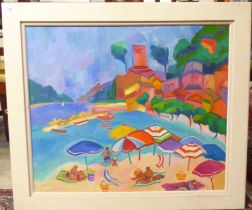 Jean Harvey - a beach scene  oil on board  bears a signature  22" x 27"  framed