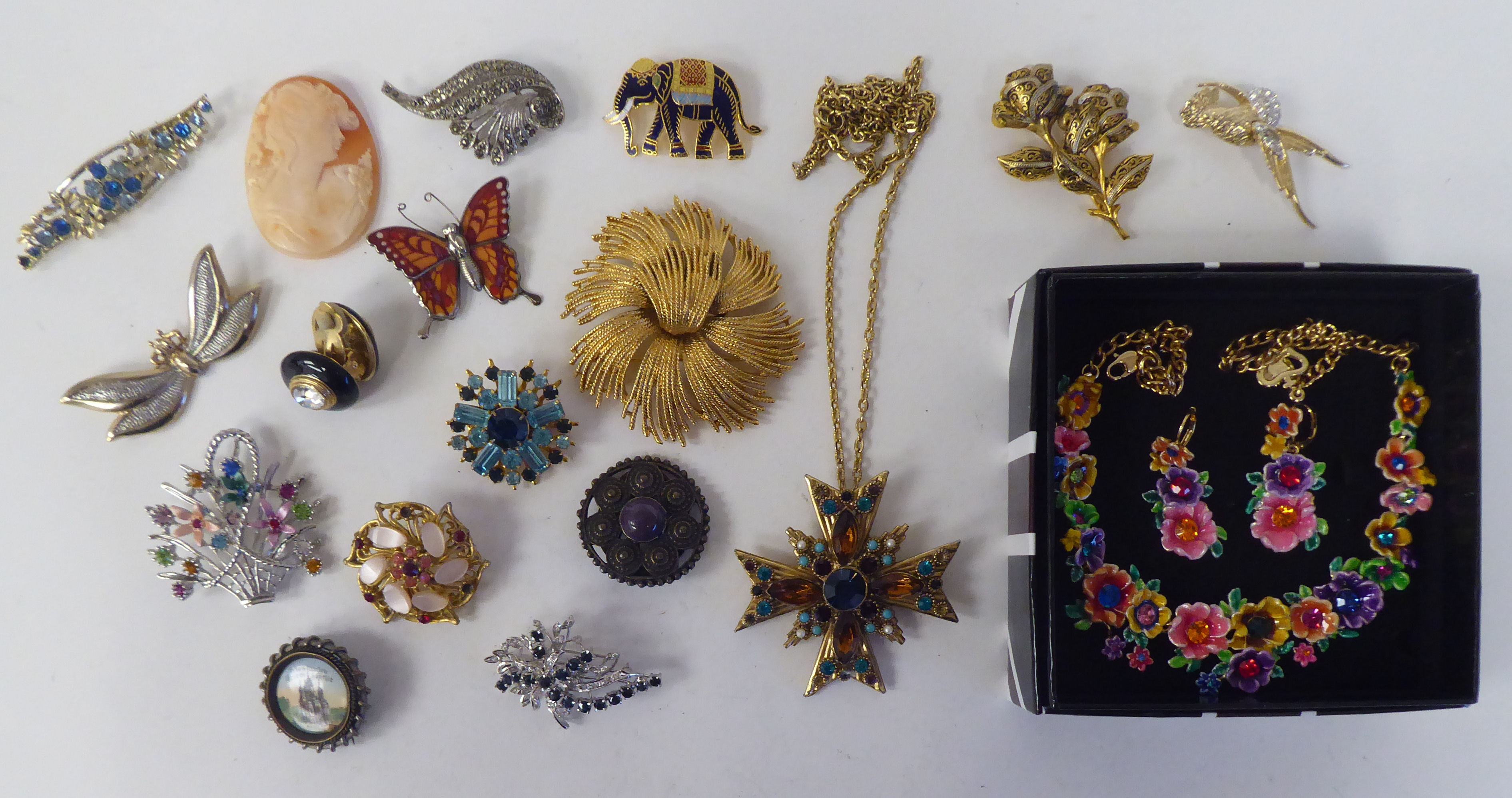 Jewellery: to include a Butler & Wilson yellow metal and enamelled floral necklace