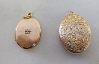 A 9ct gold locket, set with a central diamond; and a yellow metal family locket, decorated with