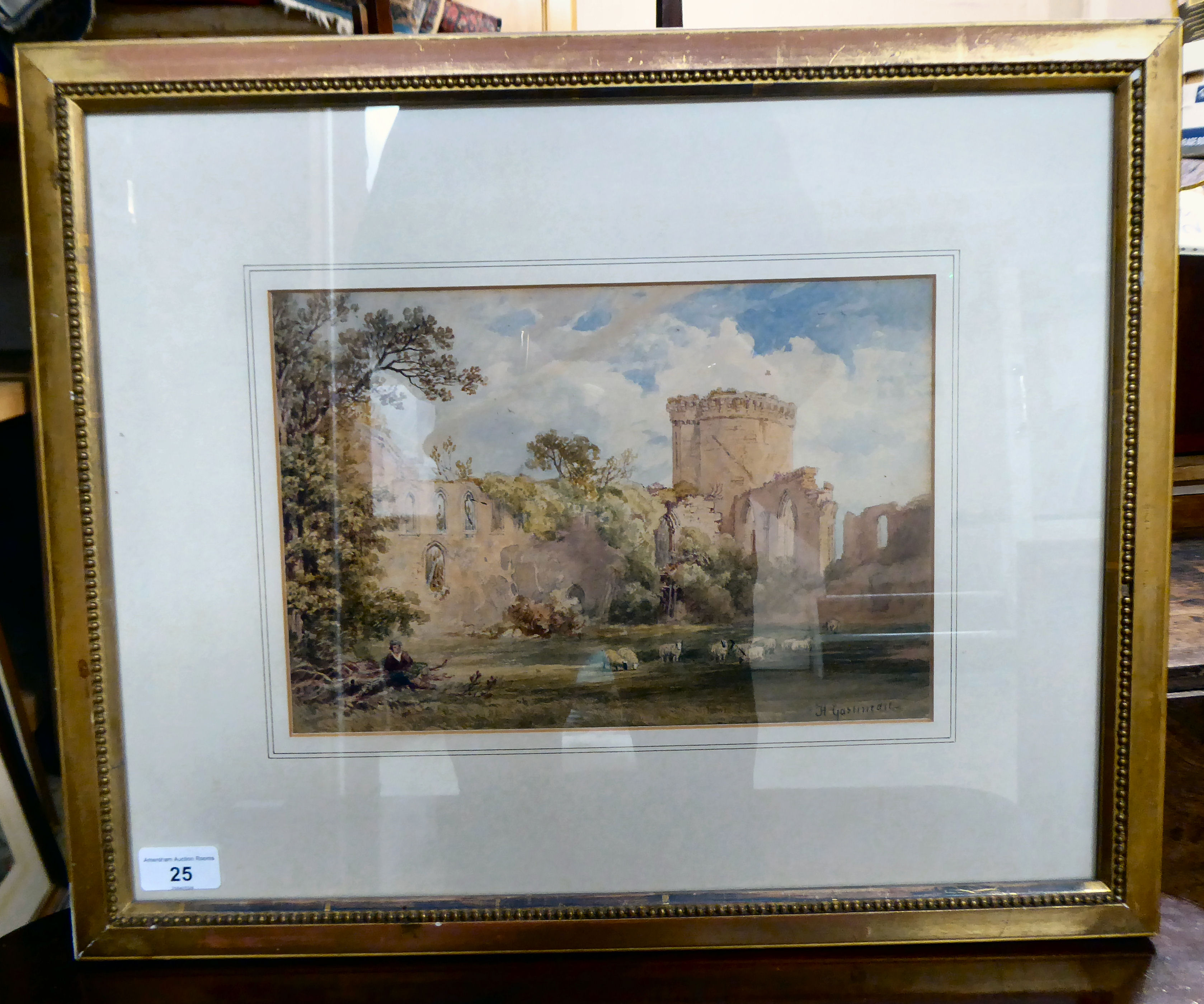 Henry Gustineau - sheep grazing in front of castle ruins  watercolour  bears a signature  8" x