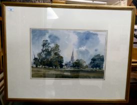 J Fletcher-Watson - 'Salisbury Cathedral'  watercolour  bears a signature & a Chris Beetles
