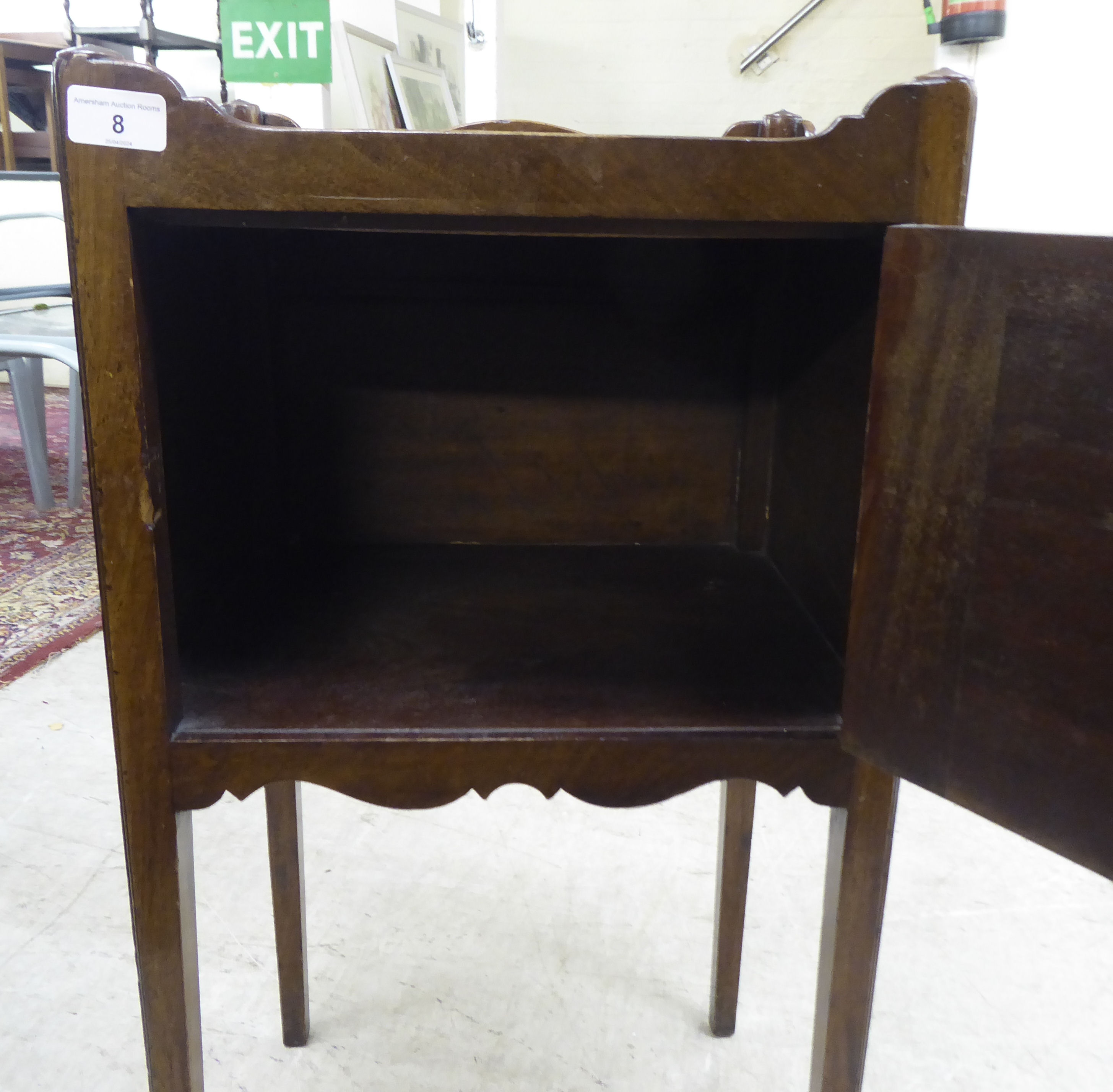 A George III mahogany night commode with a shallow gallery top, over a cupboard door, raised on - Image 3 of 4
