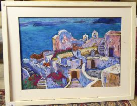 Jean Harvey - a (possibly) Greek shoreline and village  pastel  bears a signature  13" x 18"  framed