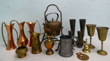 Decorative metalware: to include a pair of copper and brass jugs  8.5"h; and a pewter tankard  5"h