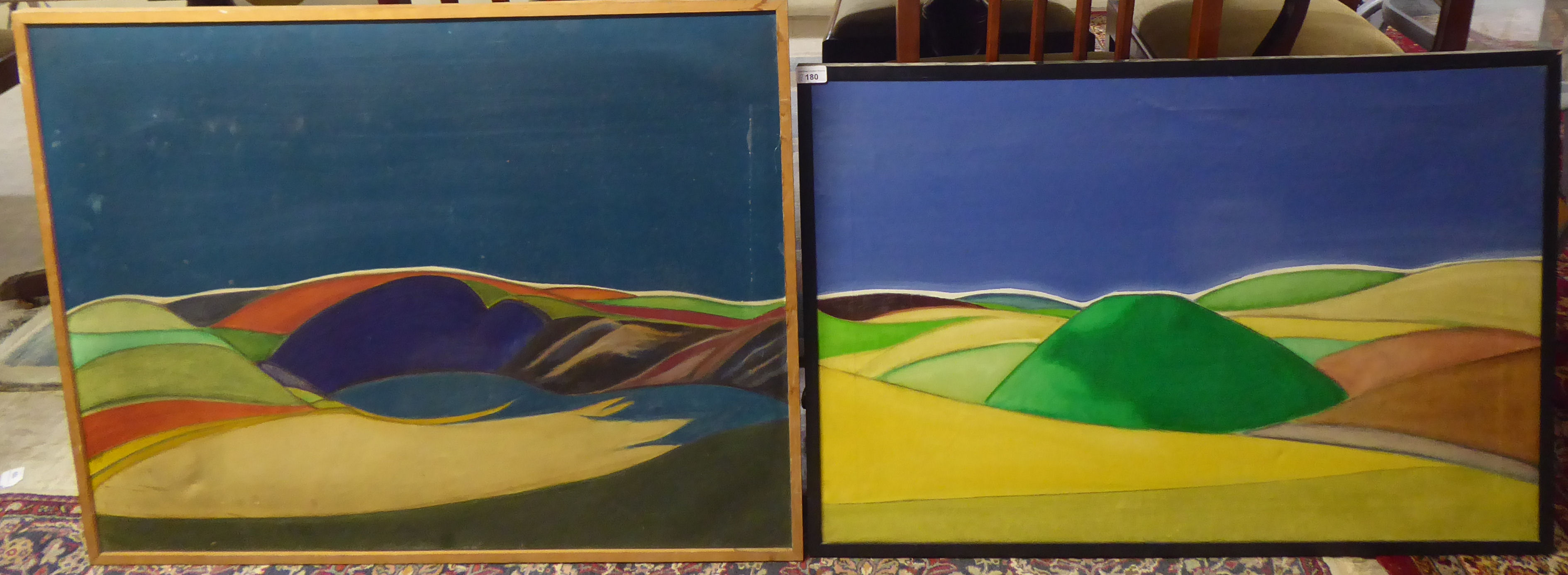 Two hillside abstract coloured landscapes  oil on canvas   23" x 35"  framed