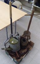 Vintage domestic bygones: to include a galvanised iron watering can; five flat irons; and a