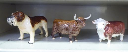 A Beswick china bulldog; and two Highland cattle  all approx. 5"h