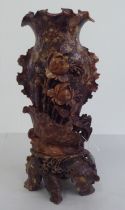 A Chinese soapstone vase, carved in relief with flowers  14"h