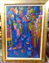 Jean Harvey - an abstract Venetian street scene  oil on canvas and board  bears a signature  22" x