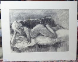 Jean Harvey - a nude, on a sofa  charcoal  bears a signature  15" x 21" in a card mount