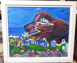 Jean Harvey - a Mediterranean hillside shoreline scene  oil on canvas  bears a signature  19" x 23"