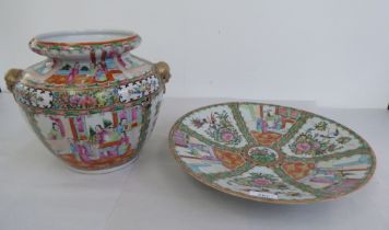 Two late 19thC Canton porcelain items, each decorated with figures, viz. a vase  10"h; and a charger