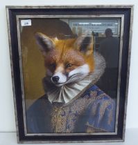 A coloured print - a fox in regal costume  15" x 19"  framed
