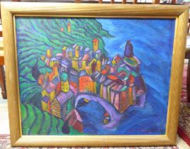 Jean Harvey - a shoreline  oil on canvas  bears a signature  23" x 29"  framed