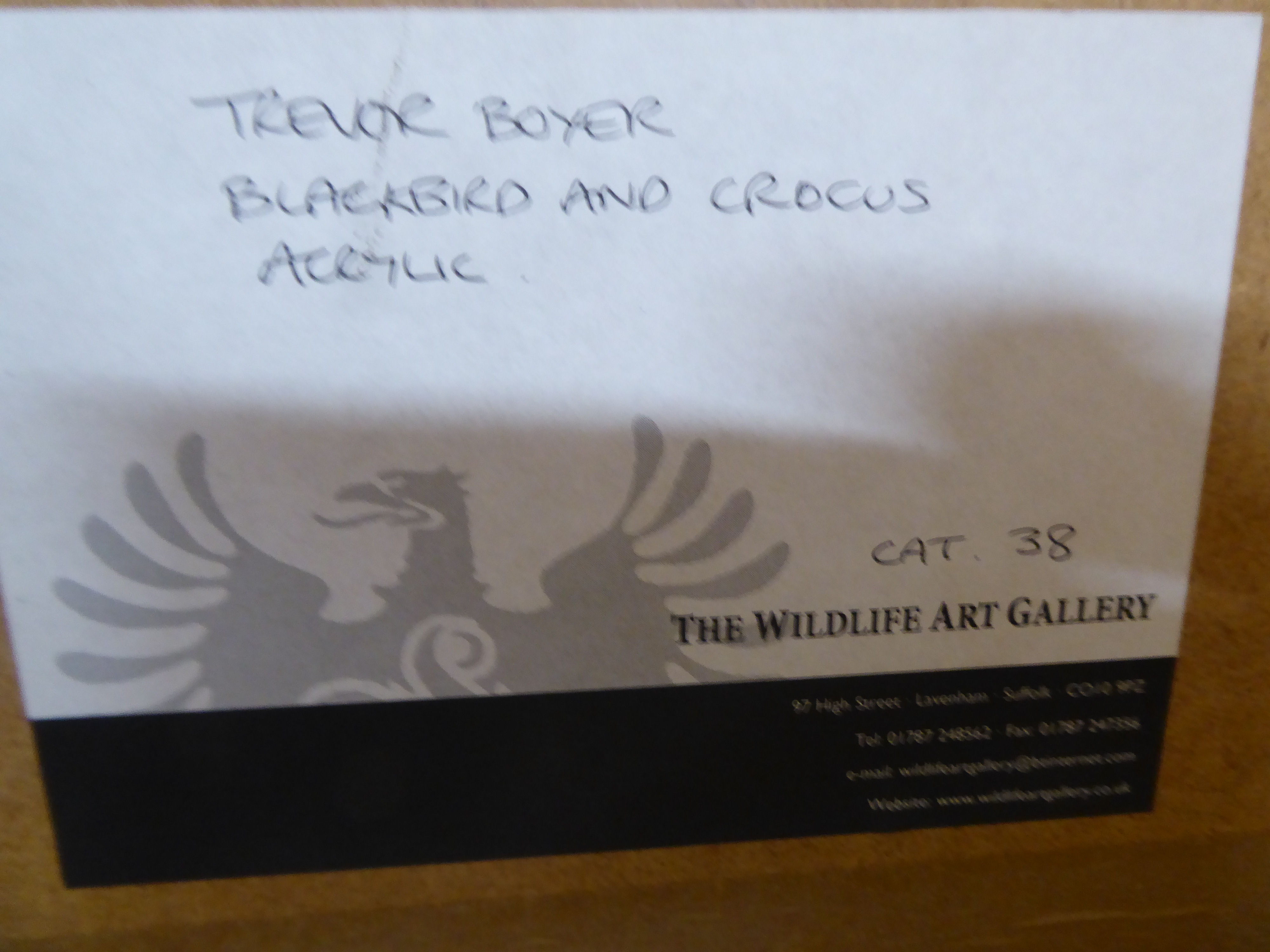Trevor Boyer - 'Blackbird and Crocus'  acrylic  bears a signature & a Wildlife Art Gallery label - Image 3 of 3