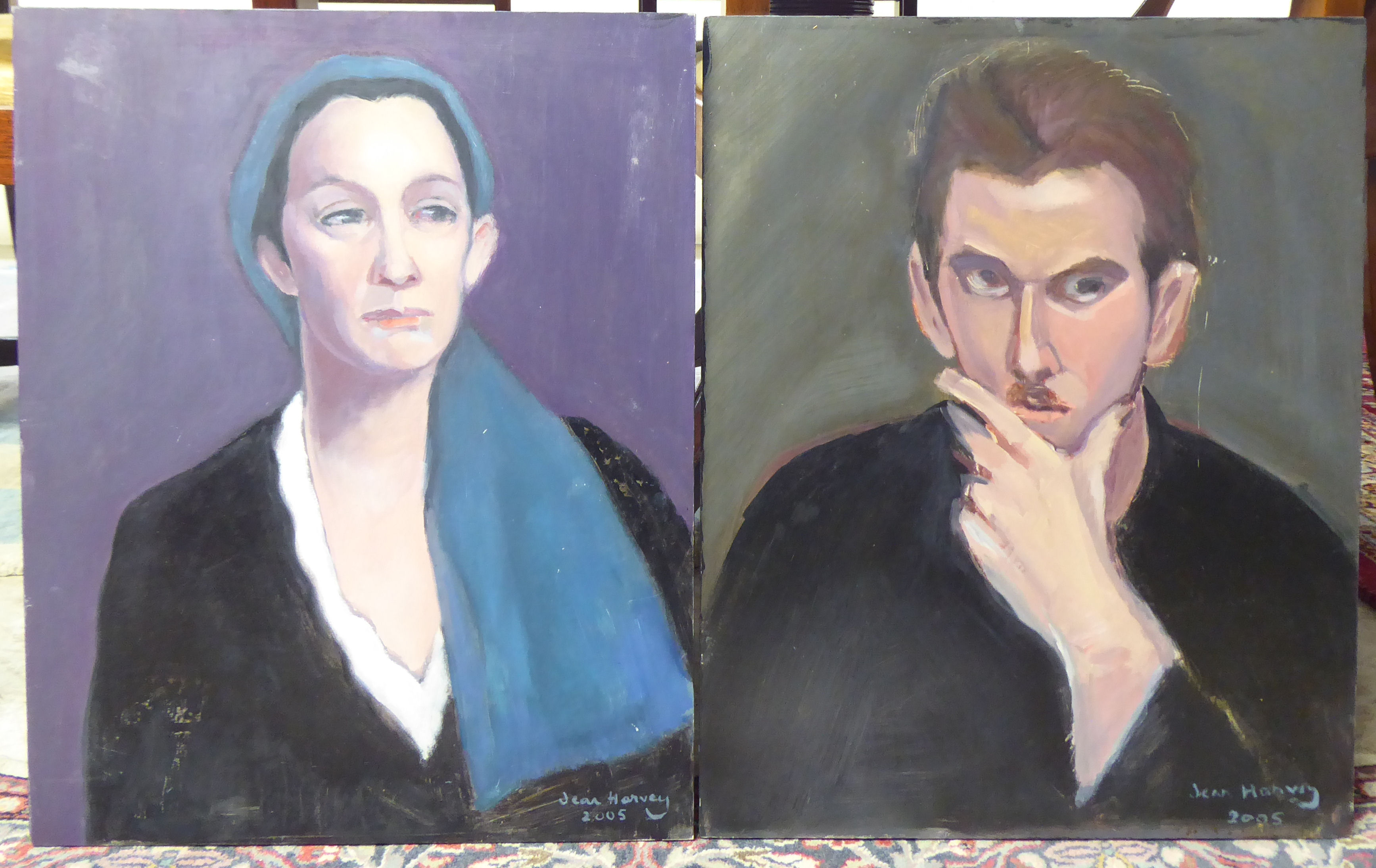 Jean Harvey - two half length portraits  oil on board  bearing signatures  16" x 20"