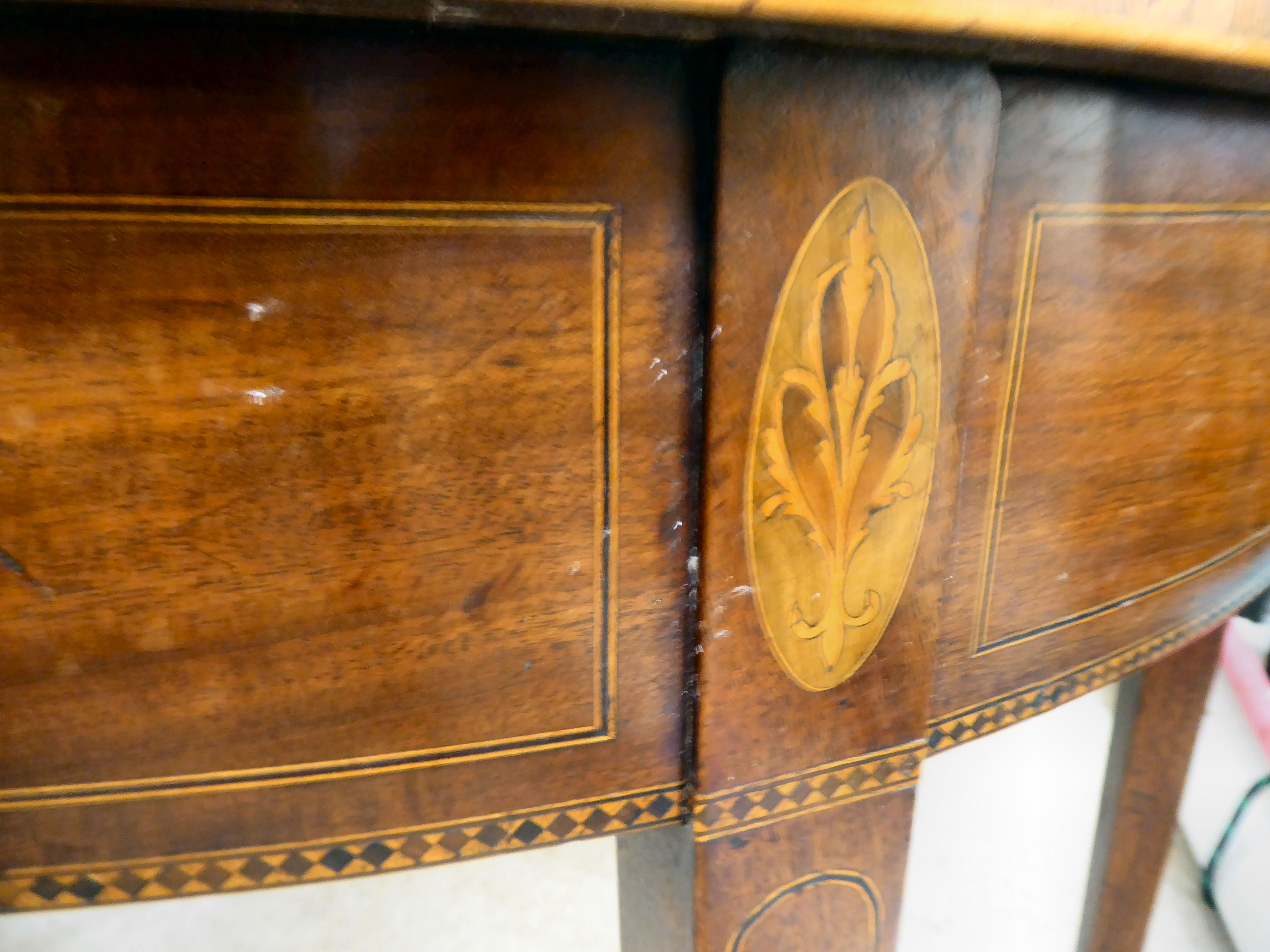 A George III string inlaid, crossbanded mahogany and floral marquetry D-end card table, the foldover - Image 3 of 5