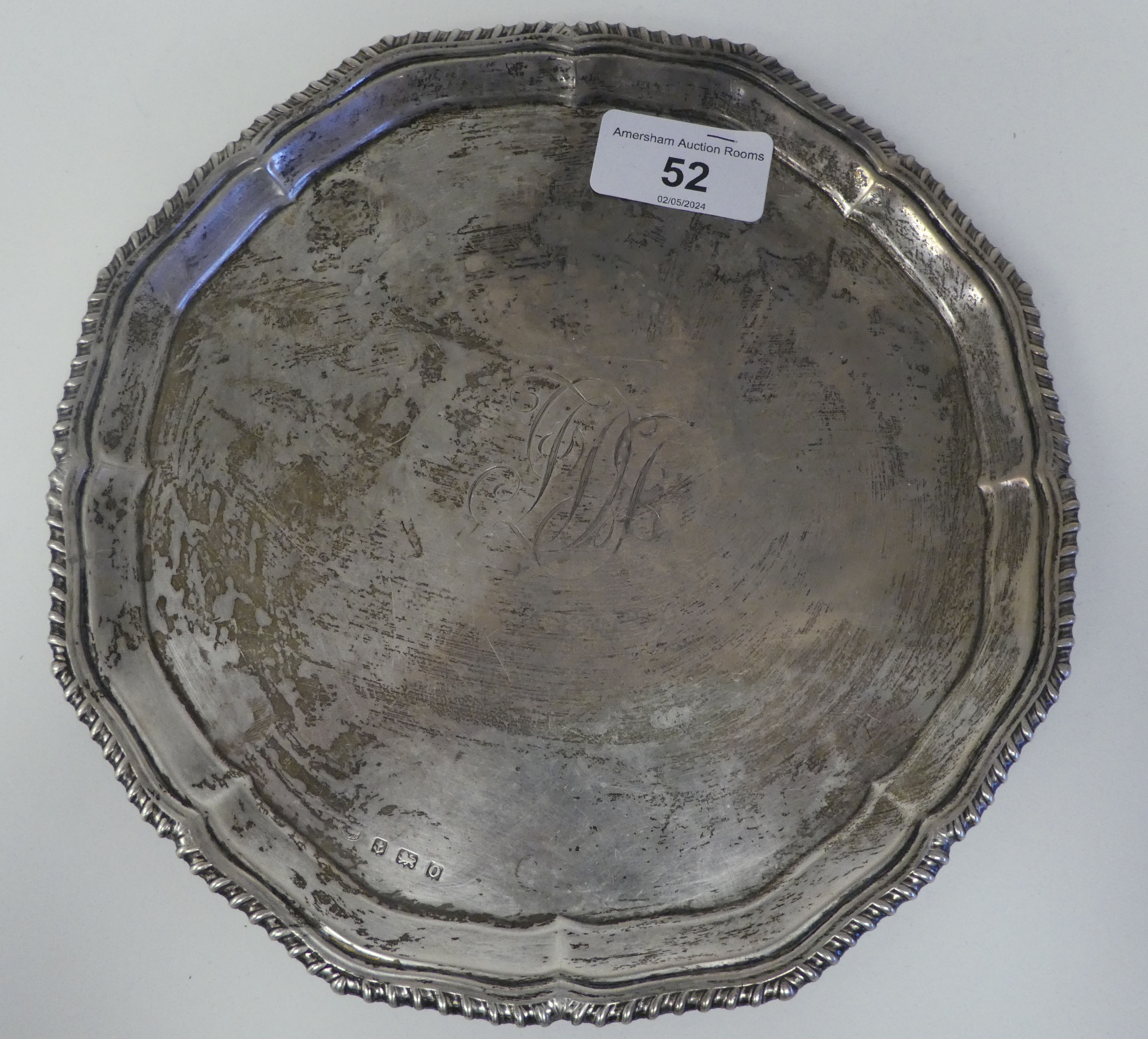 A silver waiter with a raised piecrust border  Alexander Clark & Co  Birmingham 1913  8"dia  ( - Image 2 of 6