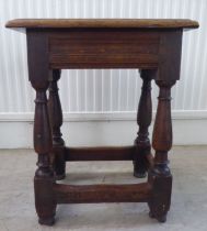 An 18thC style, rustic oak joint stool with a dowelled top, over a vase turned and block underframe