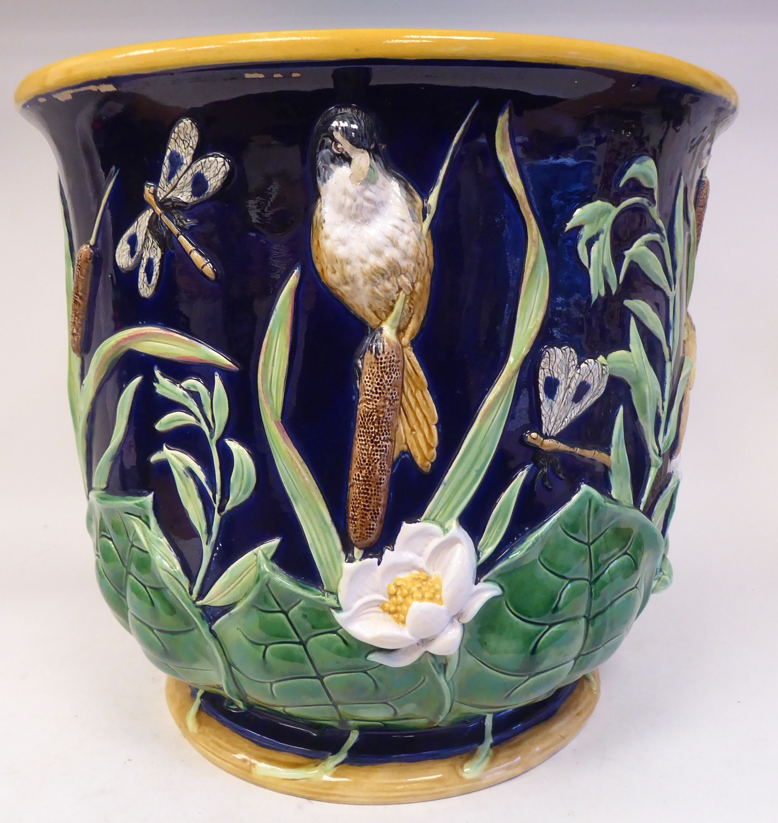 A late 19thC George Jones majolica, bell design jardinière, extravagantly moulded with small birds - Image 2 of 8
