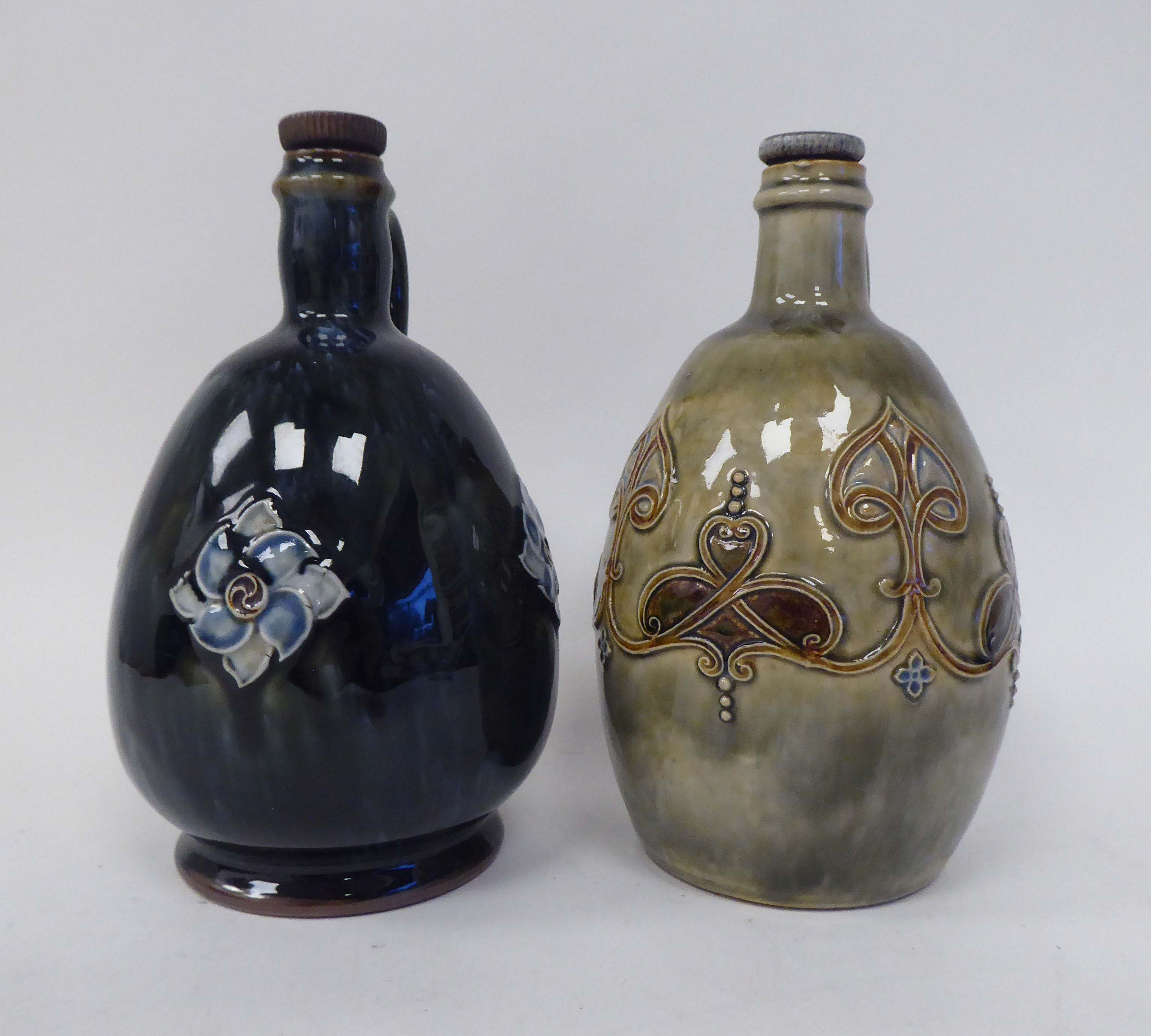 Two similar Royal Doulton stoneware ovoid shape liqueur decanters with strap handles, decorated in - Image 2 of 7