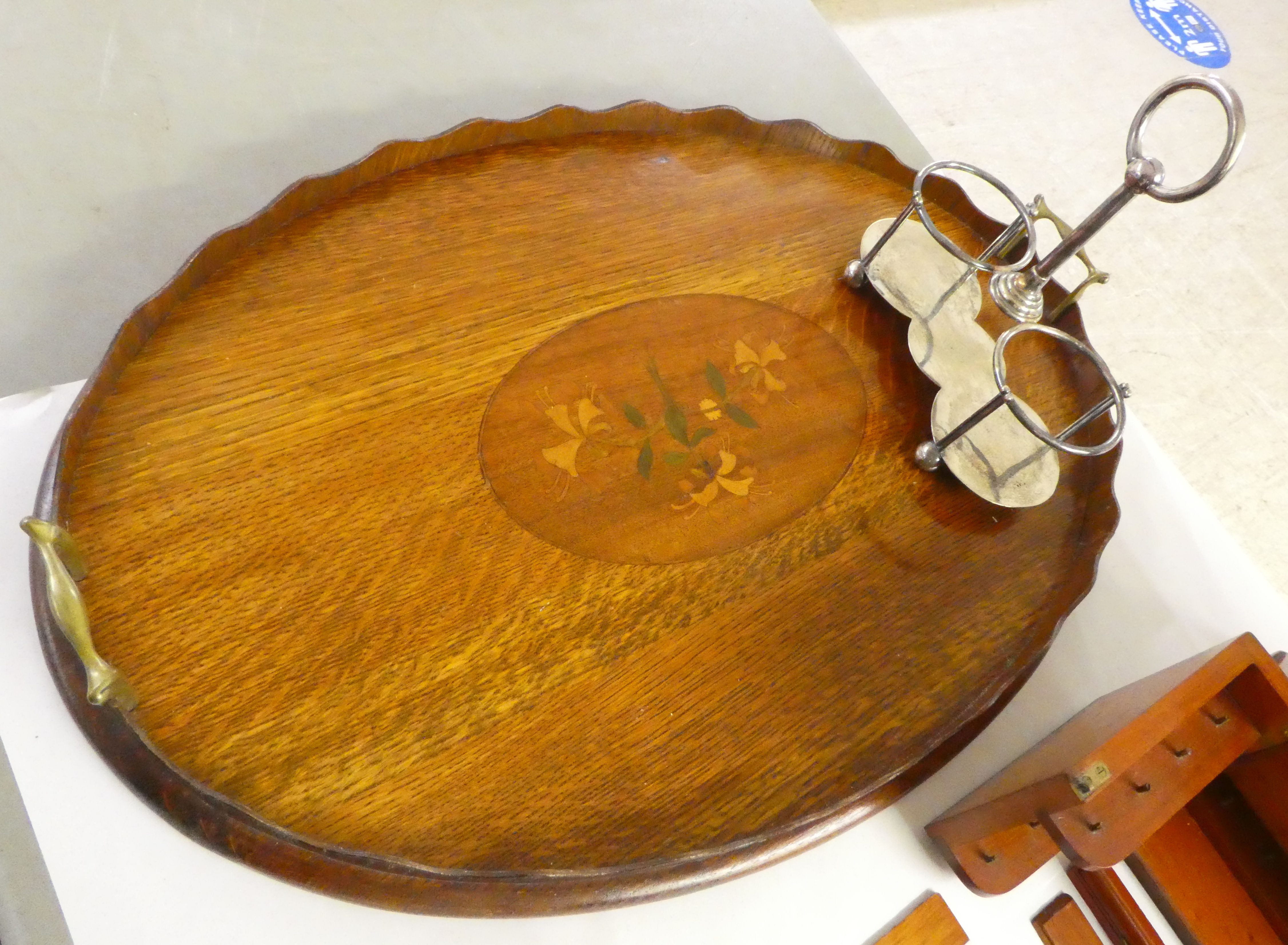 A mixed lot: to include an early 20thC oak oval, twin handled serving tray 16"w; and a - Image 2 of 10