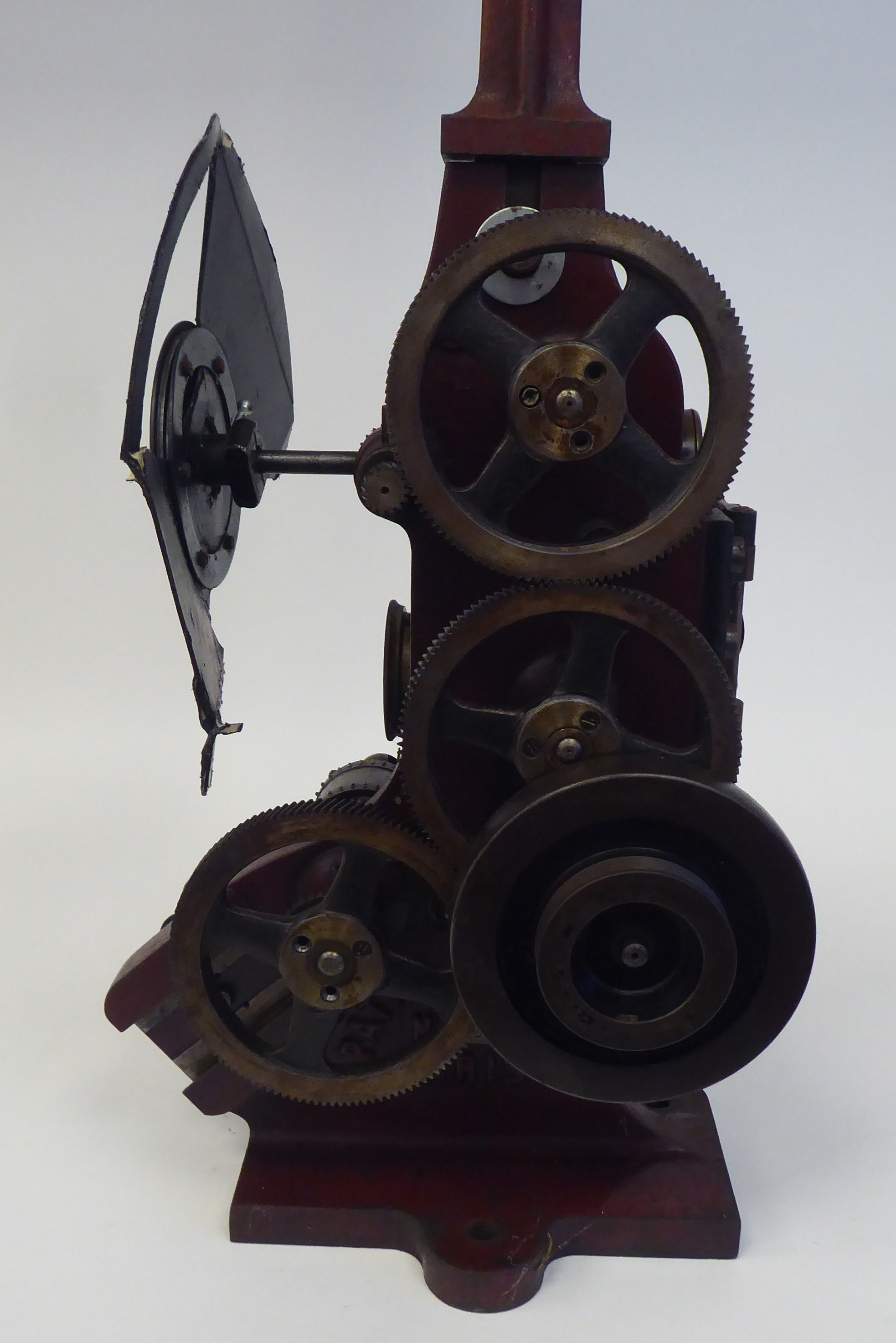 A Pathe Freres, Paris, circa 1906 maroon painted iron, hand crank projector  No.4582, on a plinth - Image 2 of 6