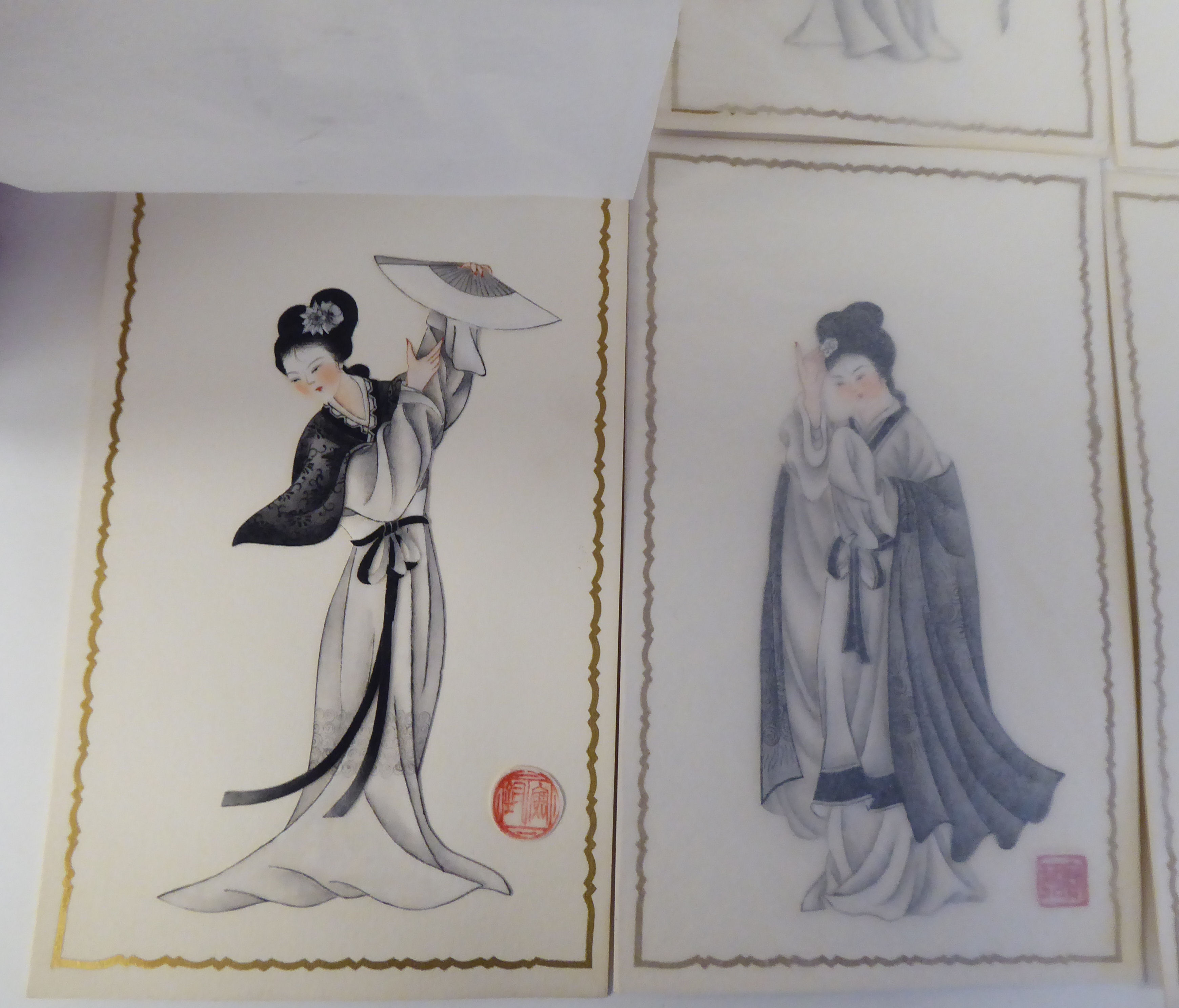 A series of twelve 20thC Chinese figure studies - young women, displaying fashionable costumes - Image 5 of 6