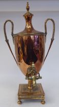 A mid 19thC neo classically styled copper pedestal samovar of twin handled, ovoid form with a cover,