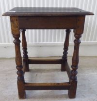 An 18thC style, rustic oak joint stool with a dowelled top, over a vase turned and block underframe