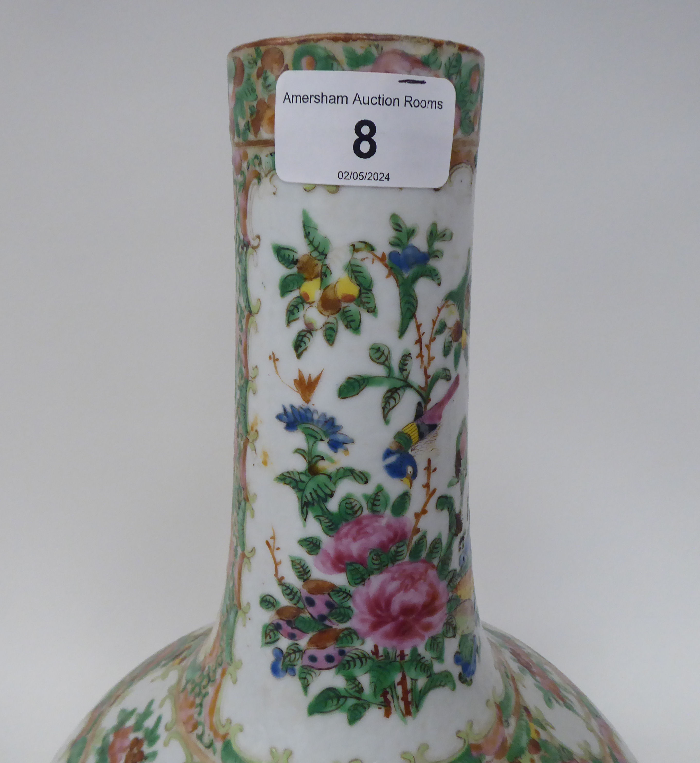 A late 19thC Chinese Canton porcelain bulbous bottle vase with a long, narrow and tapered neck, - Image 3 of 7