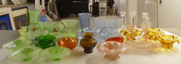 Ornamental glassware: to include candlesticks  5"h; and other functional coloured glass tableware