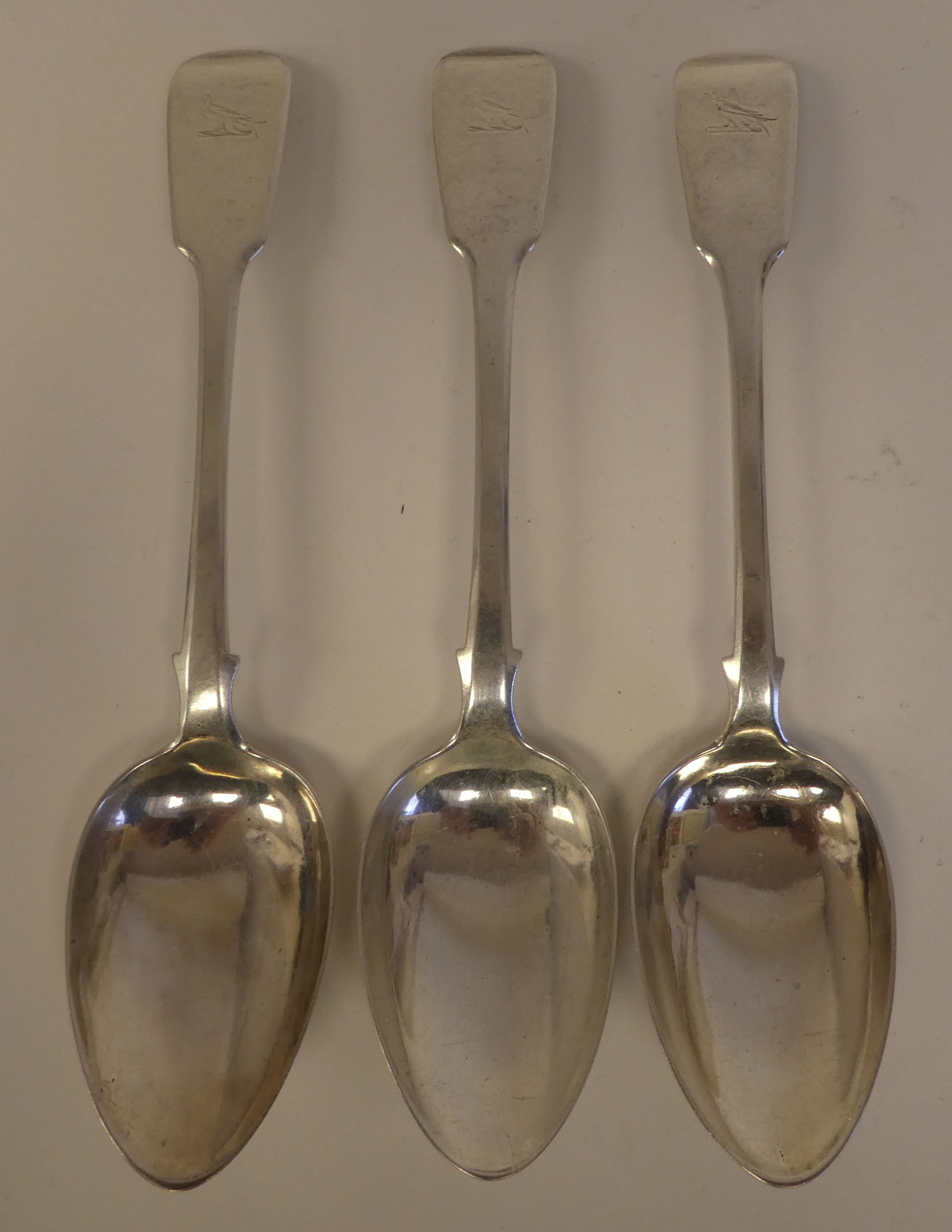 A set of three early Victorian silver fiddle pattern tablespoons  Joseph & Albert Savoury  London