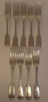 A matched set of nine silver fiddle pattern dessert forks  mixed marks  (approx. combined weight