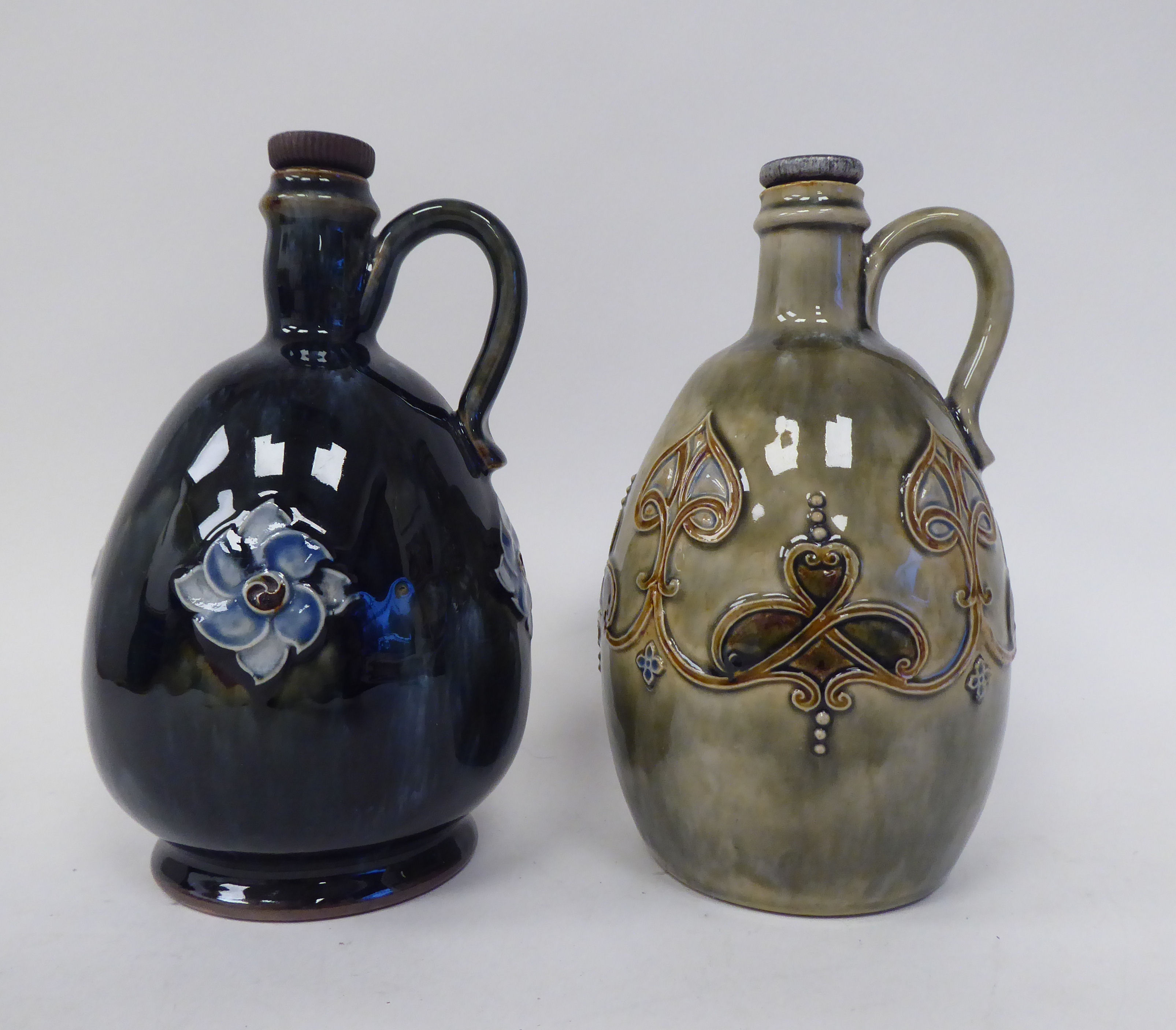 Two similar Royal Doulton stoneware ovoid shape liqueur decanters with strap handles, decorated in - Image 3 of 7